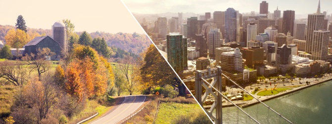 Split image showing a rural countryside with a barn, silo, and winding road on the left, and a modern cityscape with high-rise buildings and a bridge over water on the right, representing the contrast between rural and urban environments.
