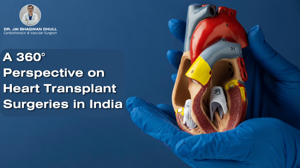 Dr. Jai Bhagwan Dhull presents a detailed view on heart transplant surgeries in India, showing a medical heart model held with gloved hands.