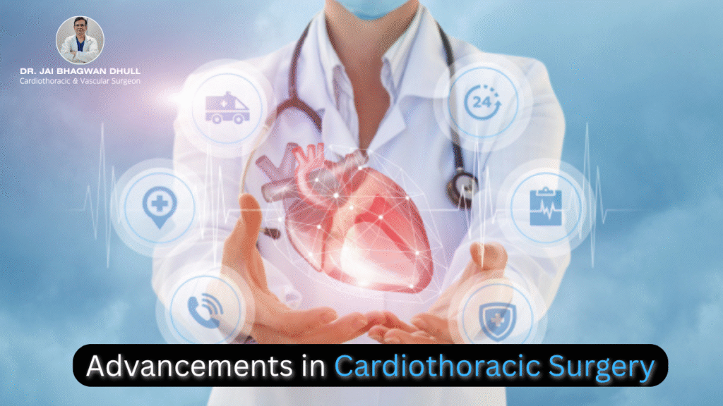 Doctor holding a Digital 3D heart model with futuristic medical items representing advancement in cardiothoracic surgery and modern healthcare technology
