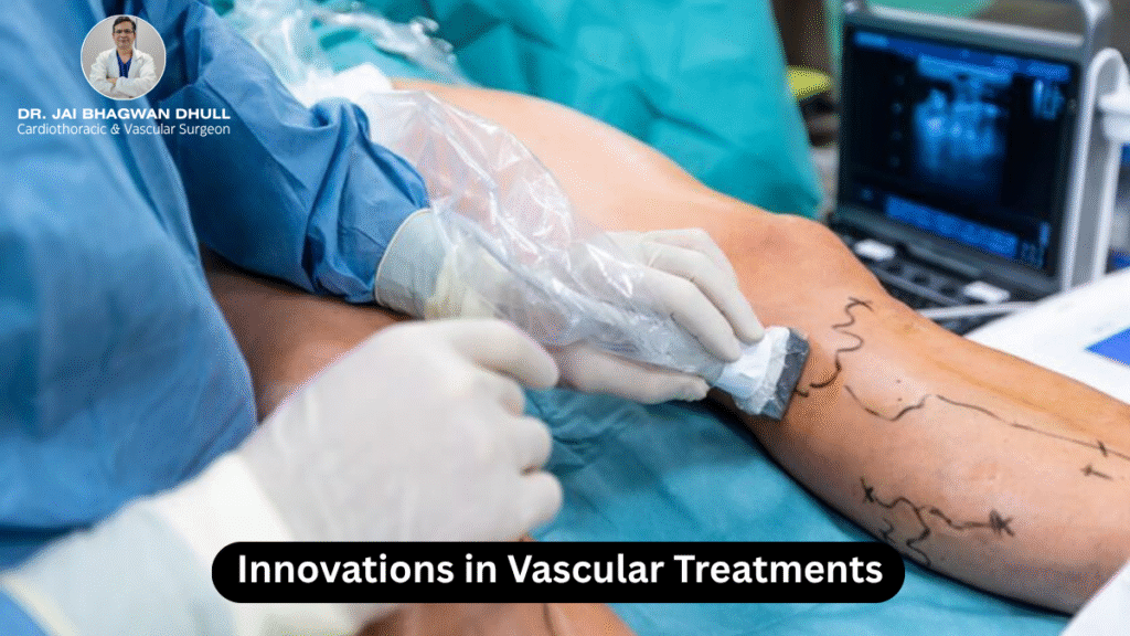 A close-up of a vascular procedure on a patient’s leg using ultrasound imaging, guided by Dr. Jai Bhagwan Dhull, an expert Cardiothoracic & Vascular Surgeon.