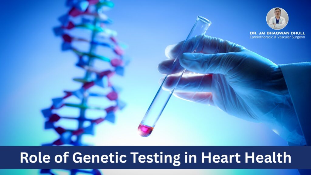 Gloved hand holding a test tube in front of a DNA strand, representing genetic testing in heart health, with Dr. Jai Bhagwan Dhull, Cardiothoracic & Vascular Surgeon.