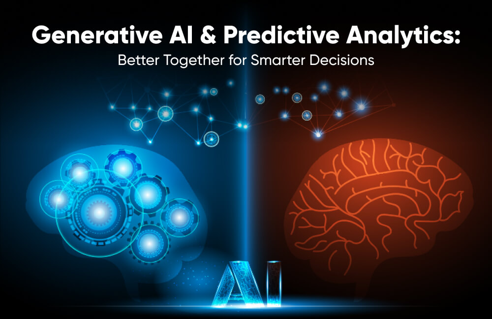 Illustration showing the Integration of generative AI predictive Analytics, combining artificial intelligence and machine learning for smarter decision making and data driven strategies.