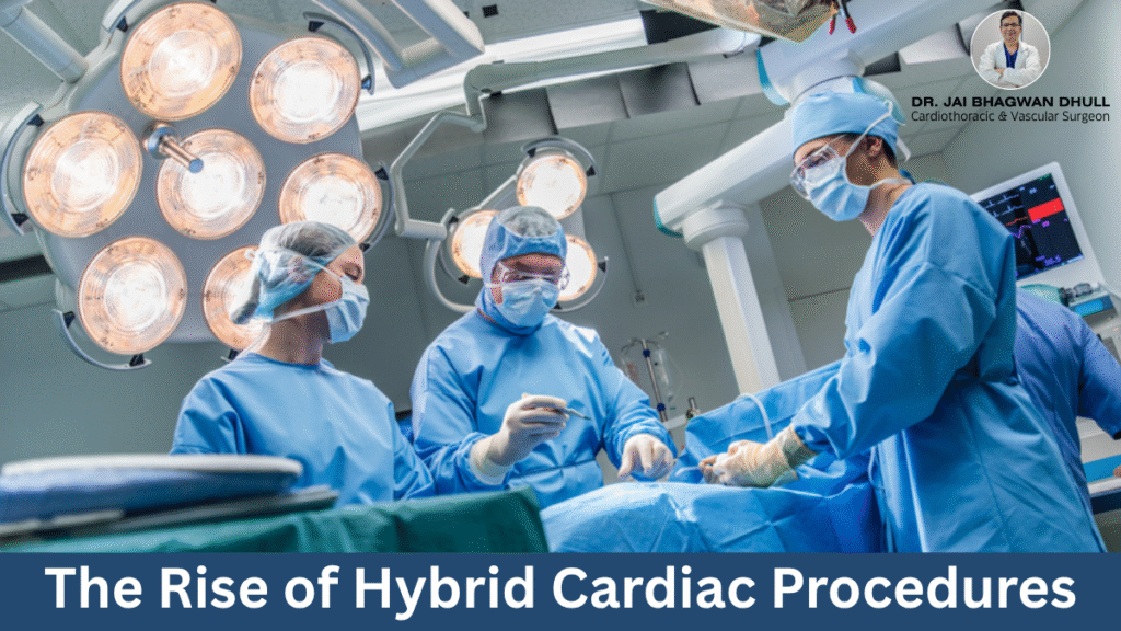 Dr. Jai Bhagwan Dhull and surgical team performing advanced hybrid cardiac procedure in a modern operating room.