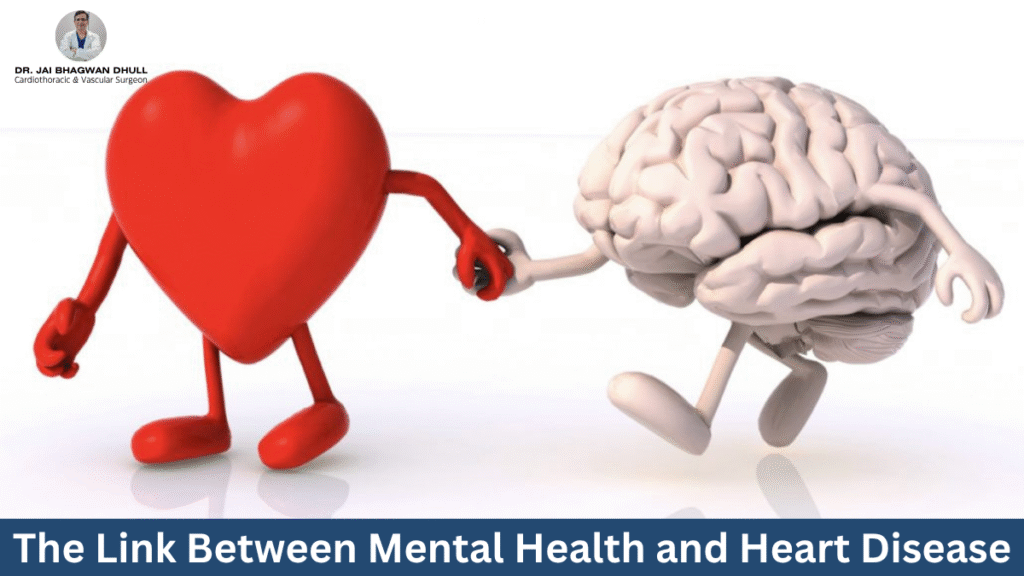 Cartoon heart and brain characters holding hands, symbolizing the connection between mental health and heart health, with Dr. Jai Bhagwan Dhull's name and title in the corner.