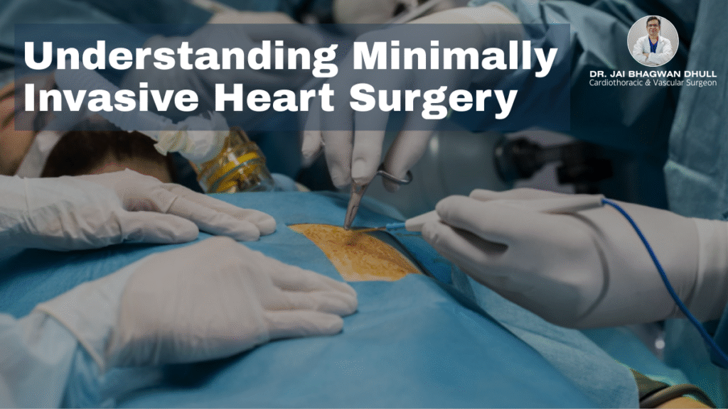 Surgeons performing minimally invasive heart surgery, with title text "Understanding Minimally Invasive Heart Surgery" and Dr. Jai Bhagwan Dhull’s profile image.