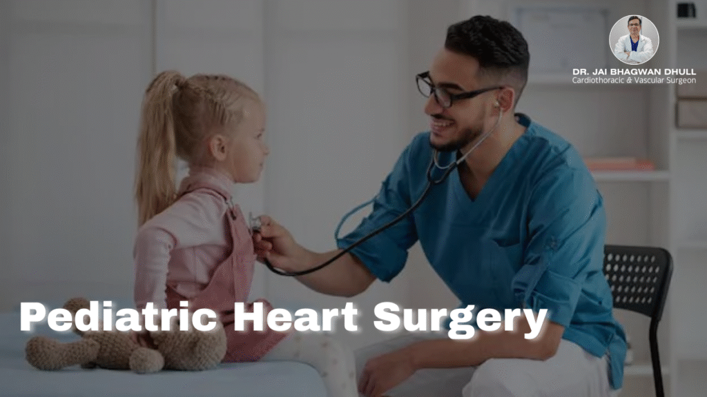Dr. Jai Bhagwan Dhull performing a pediatric heart check-up, smiling while using a stethoscope on a young girl in a clinical setting.