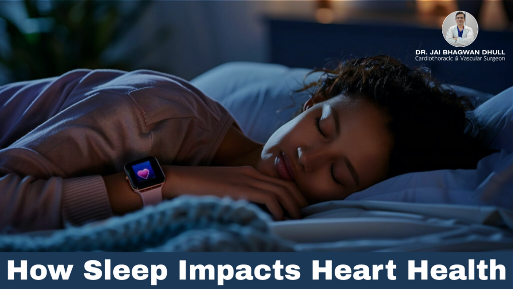 Woman sleeping peacefully with smartwatch tracking heart health — Dr. Jai Bhagwan Dhull highlights the connection between sleep and cardiovascular health.