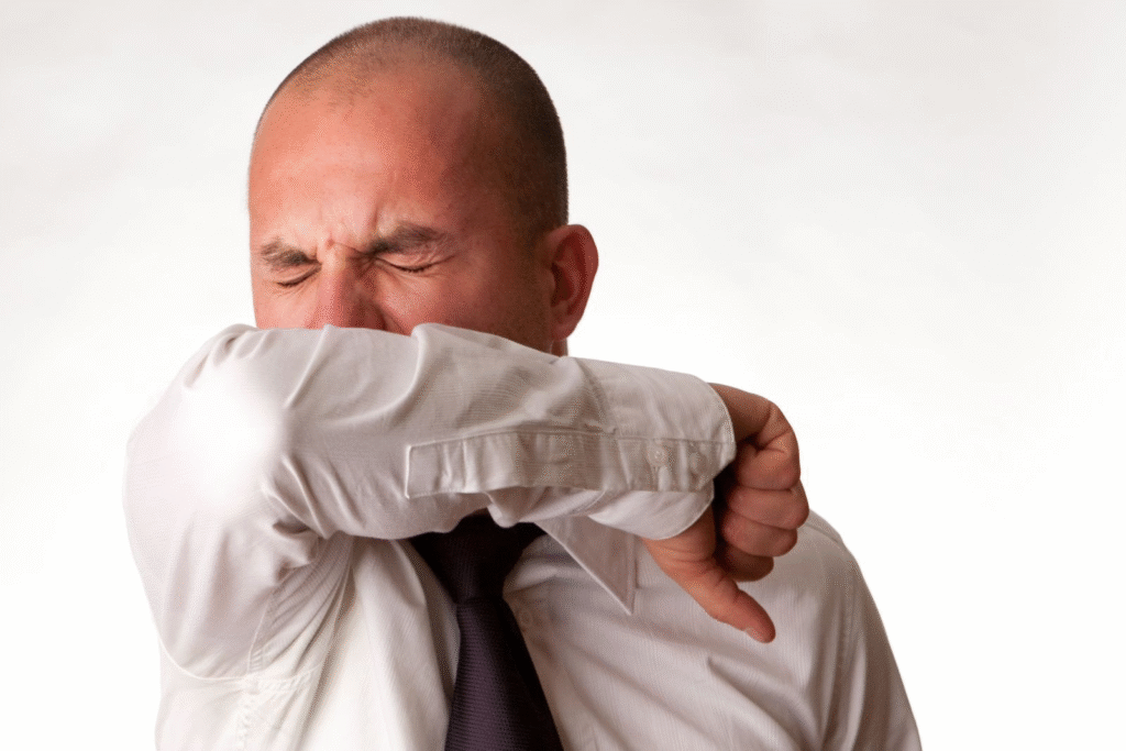 A man in a white shirt and tie sneezing into his elbow, demonstrating proper hygiene practices to prevent infection spread, with health awareness guidance by Dr. Jai Bhagwan Dhull.