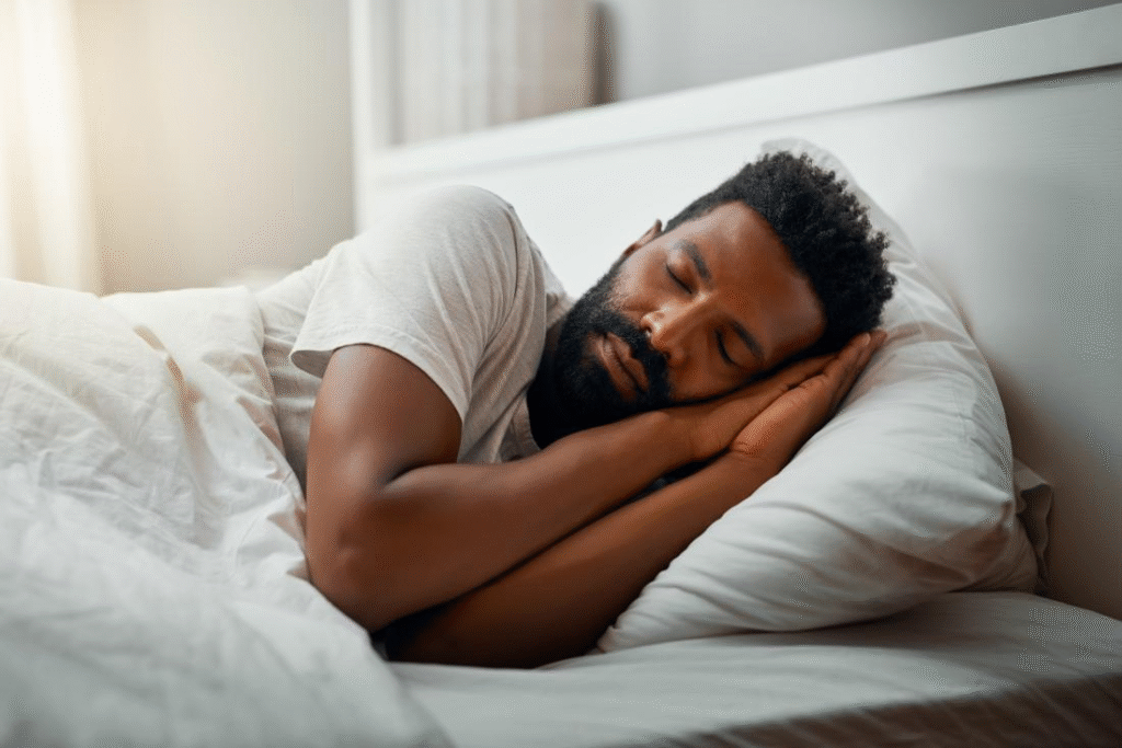 Man sleeping peacefully in bed, highlighting the importance of quality sleep for good health – wellness advice by Dr. Jai Bhagwan Dhull.