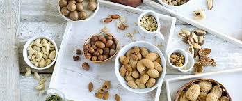 Assorted bowls filled with mixed nuts including almonds, cashews, hazelnuts, walnuts, and macadamia nuts — nutrient-dense foods often highlighted by Dr. Jai Bhagwan Dhull for supporting heart health and overall wellness.