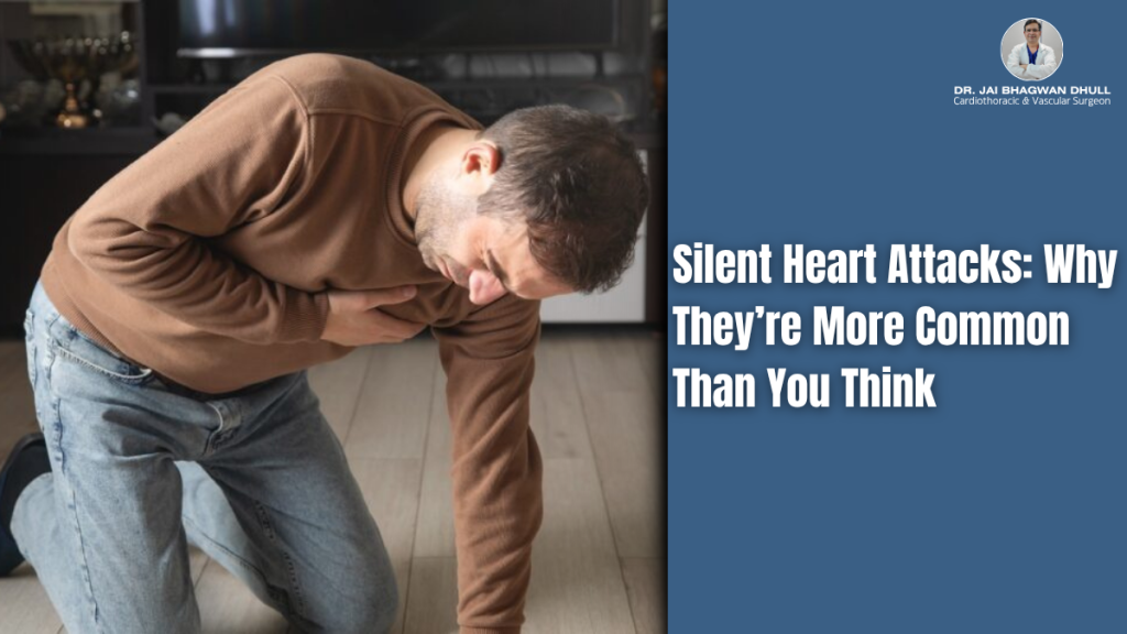 Man clutching chest and kneeling in pain, illustrating symptoms of a silent heart attack, alongside medical insights from Dr. Jai Bhagwan Dhull, Cardiothoracic & Vascular Surgeon.