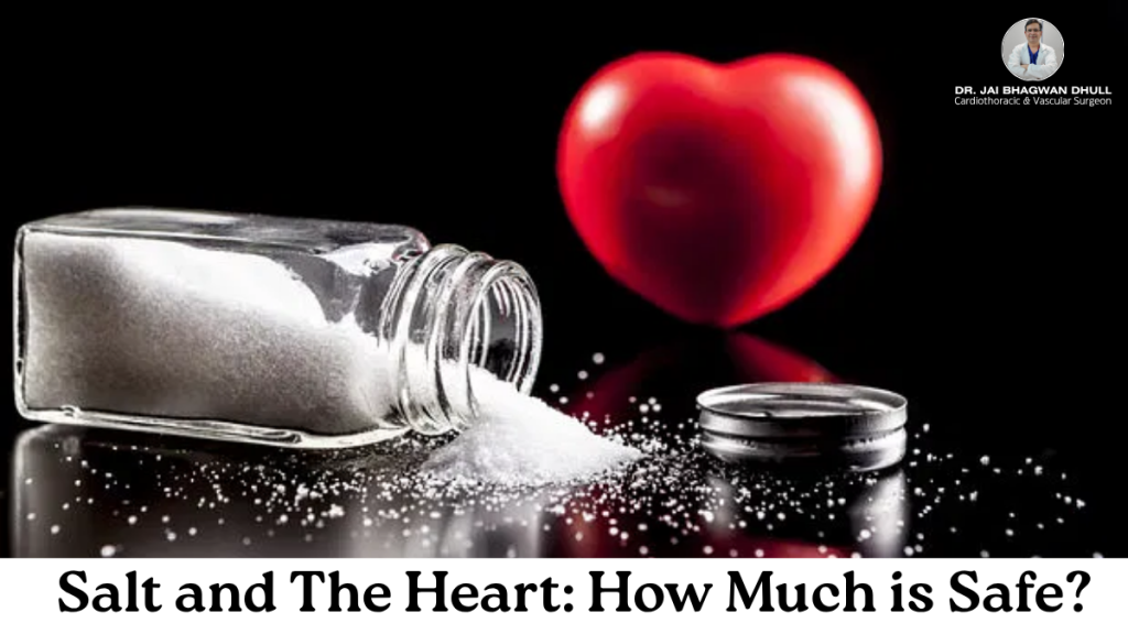 A salt shaker spilling salt beside a red heart model, symbolizing the impact of salt on heart health, with text “Salt and The Heart: How Much is Safe?” and reference to Dr. Jai Bhagwan Dhull, Cardiothoracic & Vascular Surgeon.