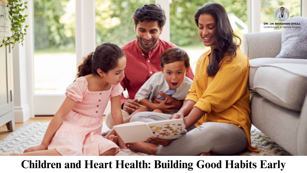 A happy family reading together at home, symbolizing early heart health education for children, promoted by Dr. Jai Bhagwan Dhull, Cardiothoracic and Vascular Surgeon.