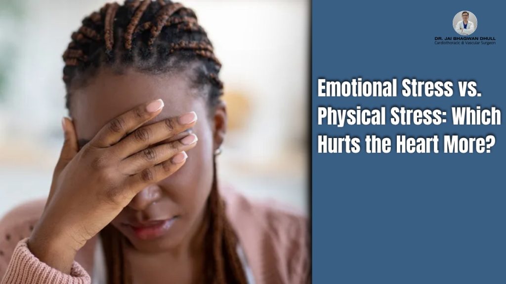 A woman holding her forehead in stress, illustrating the impact of emotional and physical stress on heart health — Dr. Jai Bhagwan Dhull.